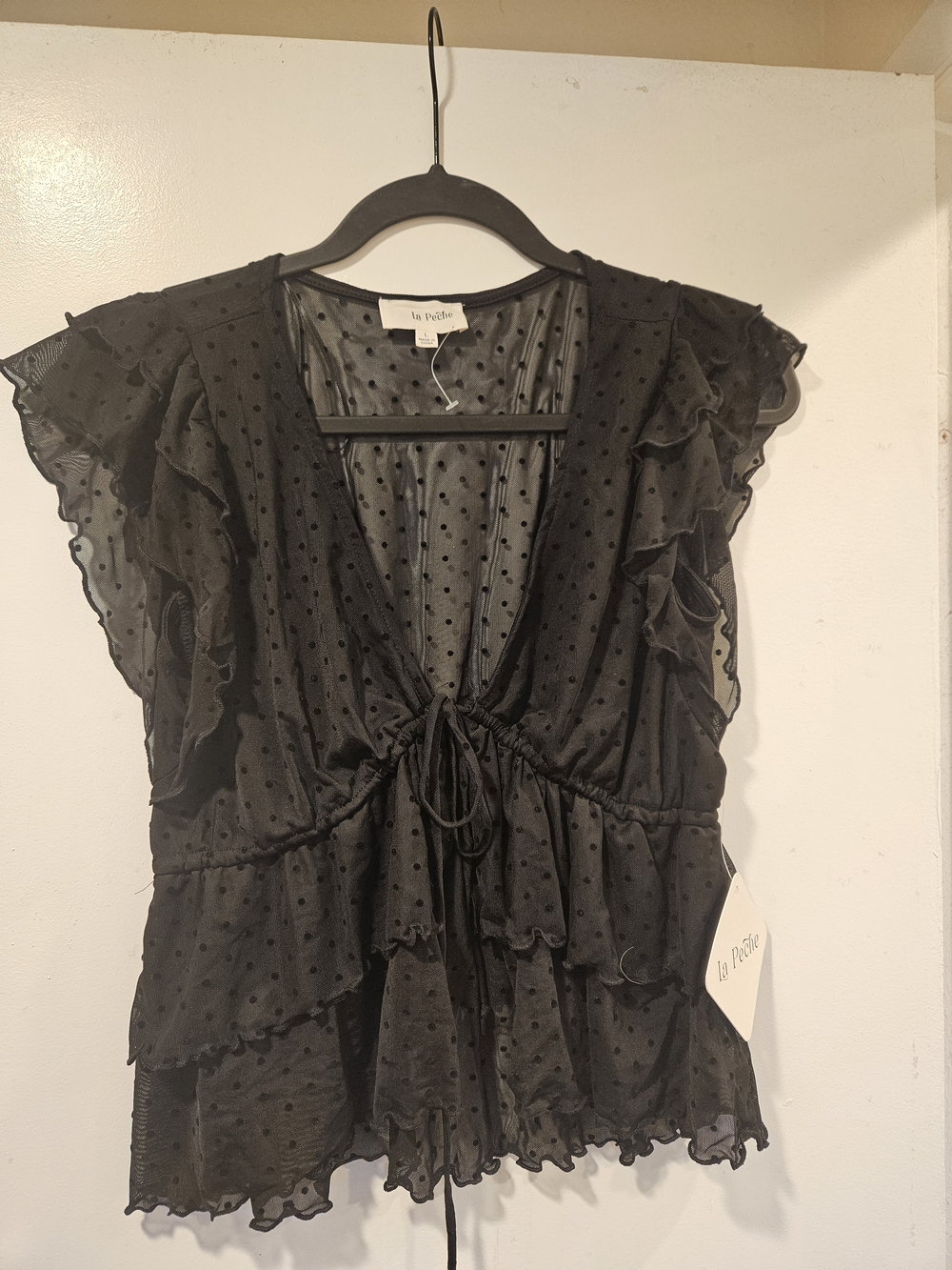 Black Polka Dot Ruffle Tie-Front Top